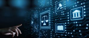 A hand interacting with digital icons of legal scales, a briefcase, and a bank on a futuristic interface.